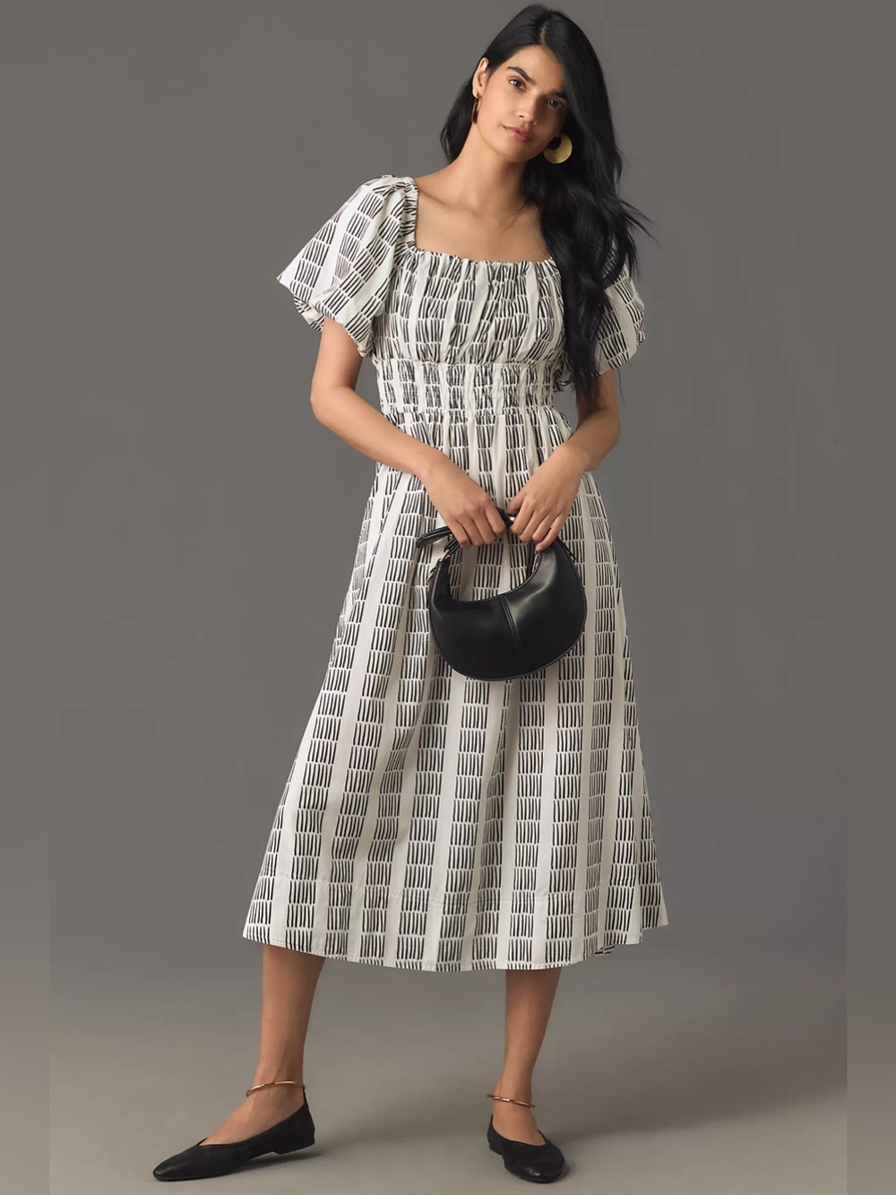Maeve Black and White Puff Sleeve Smocked Midi Dress